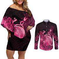 Personalised Cancer Fighter Couples Matching Off Shoulder Short Dress and Long Sleeve Button Shirt I Beat Cancer LT05 Pink - Polynesian Pride