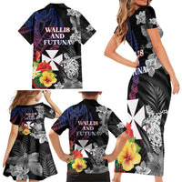 Wallis and Futuna Bastille Day Family Matching Short Sleeve Bodycon Dress and Hawaiian Shirt Tropical Turtle Hibiscus Polynesian Pattern