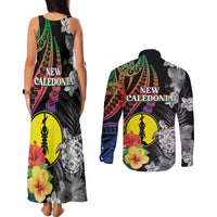 New Caledonia Bastille Day Couples Matching Tank Maxi Dress and Long Sleeve Button Shirt Tropical Turtle Hibiscus Polynesian Pattern