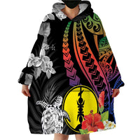 New Caledonia Bastille Day Wearable Blanket Hoodie Tropical Turtle Hibiscus Polynesian Pattern