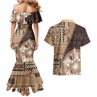 Samoa Siapo Elegant Couples Matching Mermaid Dress and Hawaiian Shirt Hibiscus Chocolate Brown Motifs - Polynesian Pride