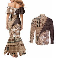 Samoa Siapo Elegant Couples Matching Mermaid Dress and Long Sleeve Button Shirt Hibiscus Chocolate Brown Motifs - Polynesian Pride