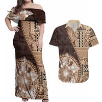 Samoa Siapo Elegant Couples Matching Off Shoulder Maxi Dress and Hawaiian Shirt Hibiscus Chocolate Brown Motifs - Polynesian Pride