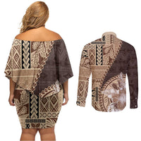 Samoa Siapo Elegant Couples Matching Off Shoulder Short Dress and Long Sleeve Button Shirt Hibiscus Chocolate Brown Motifs - Polynesian Pride