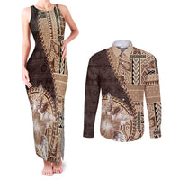 Samoa Siapo Elegant Couples Matching Tank Maxi Dress and Long Sleeve Button Shirt Hibiscus Chocolate Brown Motifs - Polynesian Pride