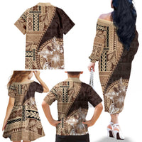 Samoa Siapo Elegant Family Matching Off The Shoulder Long Sleeve Dress and Hawaiian Shirt Hibiscus Chocolate Brown Motifs - Polynesian Pride