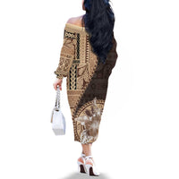 Samoa Siapo Elegant Family Matching Off The Shoulder Long Sleeve Dress and Hawaiian Shirt Hibiscus Chocolate Brown Motifs - Polynesian Pride