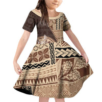 Samoa Siapo Elegant Family Matching Off Shoulder Short Dress and Hawaiian Shirt Hibiscus Chocolate Brown Motifs - Polynesian Pride