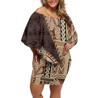 Samoa Siapo Elegant Family Matching Off Shoulder Short Dress and Hawaiian Shirt Hibiscus Chocolate Brown Motifs - Polynesian Pride
