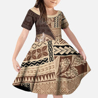 Samoa Siapo Elegant Family Matching Short Sleeve Bodycon Dress and Hawaiian Shirt Hibiscus Chocolate Brown Motifs - Polynesian Pride