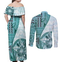 Samoa Siapo Elegant Couples Matching Off Shoulder Maxi Dress and Long Sleeve Button Shirt Hibiscus Teal Motifs - Polynesian Pride