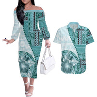 Samoa Siapo Elegant Couples Matching Off The Shoulder Long Sleeve Dress and Hawaiian Shirt Hibiscus Teal Motifs - Polynesian Pride