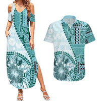 Samoa Siapo Elegant Couples Matching Summer Maxi Dress and Hawaiian Shirt Hibiscus Teal Motifs - Polynesian Pride
