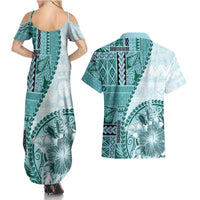 Samoa Siapo Elegant Couples Matching Summer Maxi Dress and Hawaiian Shirt Hibiscus Teal Motifs - Polynesian Pride