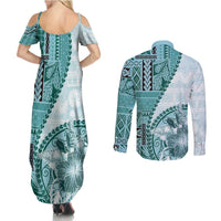 Samoa Siapo Elegant Couples Matching Summer Maxi Dress and Long Sleeve Button Shirt Hibiscus Teal Motifs - Polynesian Pride
