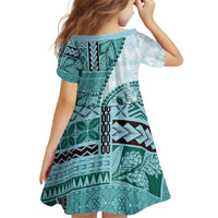 Samoa Siapo Elegant Family Matching Off The Shoulder Long Sleeve Dress and Hawaiian Shirt Hibiscus Teal Motifs - Polynesian Pride