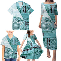 Samoa Siapo Elegant Family Matching Puletasi and Hawaiian Shirt Hibiscus Teal Motifs - Polynesian Pride
