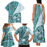 Samoa Siapo Elegant Family Matching Tank Maxi Dress and Hawaiian Shirt Hibiscus Teal Motifs - Polynesian Pride