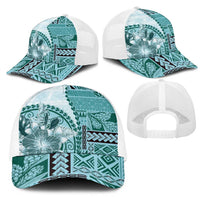Samoa Siapo Elegant Mesh Trucker Cap Hibiscus Teal Motifs - Polynesian Pride