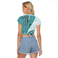Samoa Siapo Elegant Raglan Cropped T Shirt Hibiscus Teal Motifs - Polynesian Pride