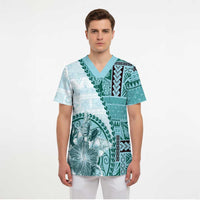 Samoa Siapo Elegant Scrub Top Hibiscus Teal Motifs - Polynesian Pride