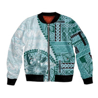 Samoa Siapo Elegant Sleeve Zip Bomber Jacket Hibiscus Teal Motifs - Polynesian Pride