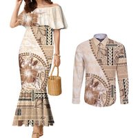 Samoa Siapo Elegant Couples Matching Mermaid Dress and Long Sleeve Button Shirt Hibiscus Beige Motifs - Polynesian Pride