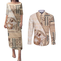 Samoa Siapo Elegant Couples Matching Puletasi and Long Sleeve Button Shirt Hibiscus Beige Motifs - Polynesian Pride