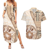 Samoa Siapo Elegant Couples Matching Summer Maxi Dress and Hawaiian Shirt Hibiscus Beige Motifs - Polynesian Pride