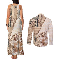 Samoa Siapo Elegant Couples Matching Tank Maxi Dress and Long Sleeve Button Shirt Hibiscus Beige Motifs - Polynesian Pride