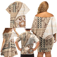 Samoa Siapo Elegant Family Matching Off Shoulder Short Dress and Hawaiian Shirt Hibiscus Beige Motifs - Polynesian Pride