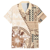 Samoa Siapo Elegant Family Matching Off Shoulder Short Dress and Hawaiian Shirt Hibiscus Beige Motifs - Polynesian Pride