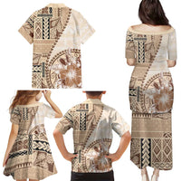Samoa Siapo Elegant Family Matching Puletasi and Hawaiian Shirt Hibiscus Beige Motifs - Polynesian Pride