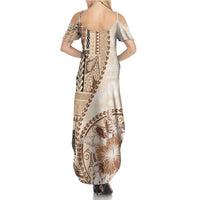 Samoa Siapo Elegant Family Matching Summer Maxi Dress and Hawaiian Shirt Hibiscus Beige Motifs - Polynesian Pride
