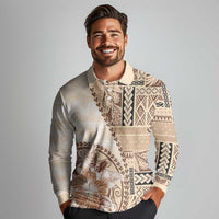 Samoa Siapo Elegant Long Sleeve Polo Shirt Hibiscus Beige Motifs - Polynesian Pride