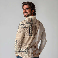 Samoa Siapo Elegant Long Sleeve Polo Shirt Hibiscus Beige Motifs - Polynesian Pride