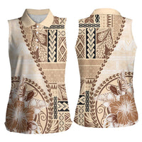 Samoa Siapo Elegant Women Sleeveless Polo Shirt Hibiscus Beige Motifs - Polynesian Pride