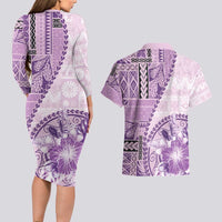 Samoa Siapo Elegant Couples Matching Long Sleeve Bodycon Dress and Hawaiian Shirt Hibiscus Violet Motifs - Polynesian Pride