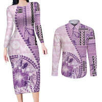 Samoa Siapo Elegant Couples Matching Long Sleeve Bodycon Dress and Long Sleeve Button Shirt Hibiscus Violet Motifs - Polynesian Pride