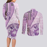 Samoa Siapo Elegant Couples Matching Long Sleeve Bodycon Dress and Long Sleeve Button Shirt Hibiscus Violet Motifs - Polynesian Pride