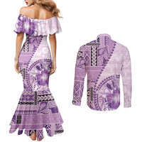 Samoa Siapo Elegant Couples Matching Mermaid Dress and Long Sleeve Button Shirt Hibiscus Violet Motifs - Polynesian Pride