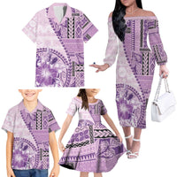Samoa Siapo Elegant Family Matching Off The Shoulder Long Sleeve Dress and Hawaiian Shirt Hibiscus Violet Motifs - Polynesian Pride