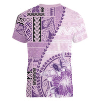 Samoa Siapo Elegant Women V-Neck T-Shirt Hibiscus Violet Motifs - Polynesian Pride