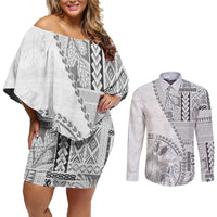 Samoa Siapo Elegant Couples Matching Off Shoulder Short Dress and Long Sleeve Button Shirt Hibiscus White Motifs - Polynesian Pride