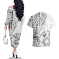 Samoa Siapo Elegant Couples Matching Off The Shoulder Long Sleeve Dress and Hawaiian Shirt Hibiscus White Motifs - Polynesian Pride