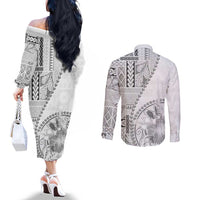 Samoa Siapo Elegant Couples Matching Off The Shoulder Long Sleeve Dress and Long Sleeve Button Shirt Hibiscus White Motifs - Polynesian Pride