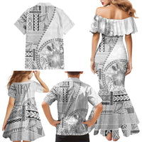 Samoa Siapo Elegant Family Matching Mermaid Dress and Hawaiian Shirt Hibiscus White Motifs - Polynesian Pride