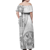 Samoa Siapo Elegant Family Matching Off Shoulder Maxi Dress and Hawaiian Shirt Hibiscus White Motifs - Polynesian Pride