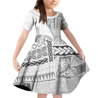 Samoa Siapo Elegant Family Matching Off Shoulder Short Dress and Hawaiian Shirt Hibiscus White Motifs - Polynesian Pride