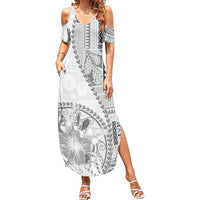 Samoa Siapo Elegant Family Matching Summer Maxi Dress and Hawaiian Shirt Hibiscus White Motifs - Polynesian Pride